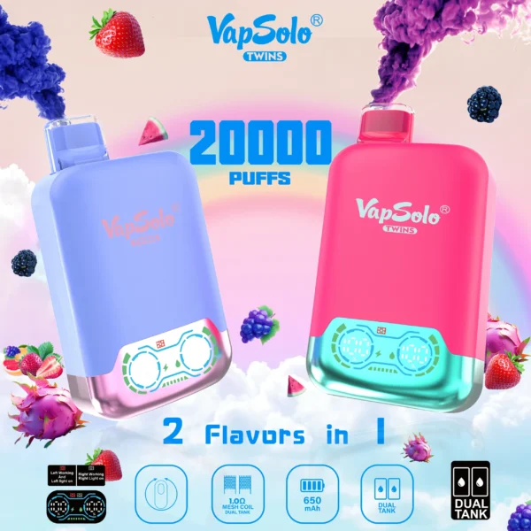 VapSolo Twins 20000 Puffs 2% 5% Alacsony nikotintartalmú újratölthető eldobható Vapes Pen Tömeges Vásárlás Nagyker - HoldVape - 1