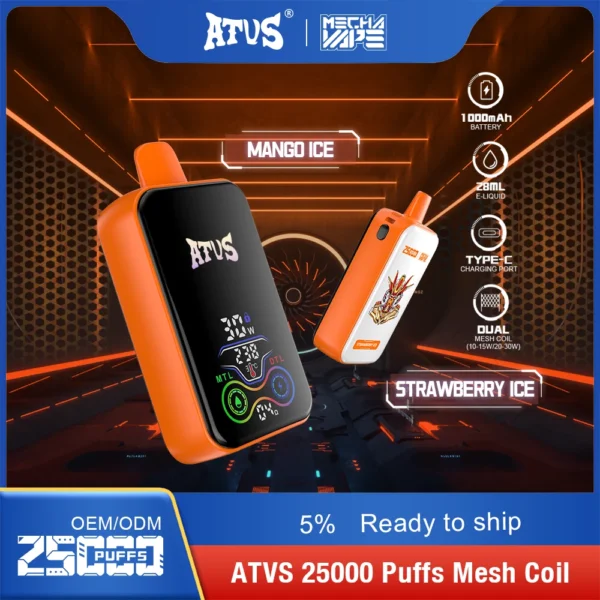 ATVS 25000 Puffs Dual Mesh 5% Alacsony nikotintartalmú Újratölthető Eldobható Vapes Pen Tömeges Vásárlás Nagyker - HoldVape - 7
