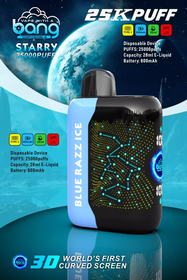 Bang Starry 25000 Puffs 3D ívelt képernyő 0% 2% 3% 5% Alacsony nikotintartalmú Újratölthető Eldobható Vapes Pen Tömeges Vásárlás Nagyker - HoldVape - 13