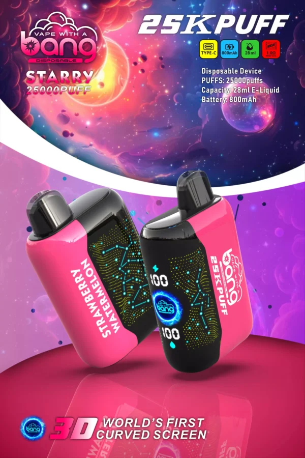 Bang Starry 25000 Puffs 3D ívelt képernyő 0% 2% 3% 5% Alacsony nikotintartalmú Újratölthető Eldobható Vapes Pen Tömeges Vásárlás Nagyker - HoldVape - 2