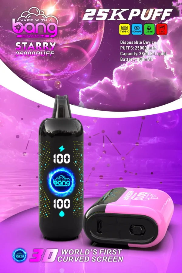 Bang Starry 25000 Puffs 3D ívelt képernyő 0% 2% 3% 5% Alacsony nikotintartalmú Újratölthető Eldobható Vapes Pen Tömeges Vásárlás Nagyker - HoldVape - 7